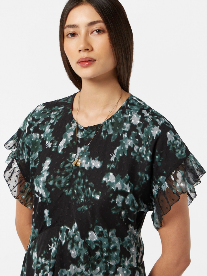 Printed Fil Coupe Mini Ruffle Dress