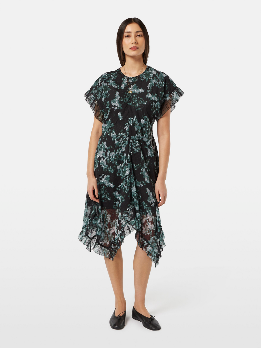 Printed Fil Coupe Mini Ruffle Dress