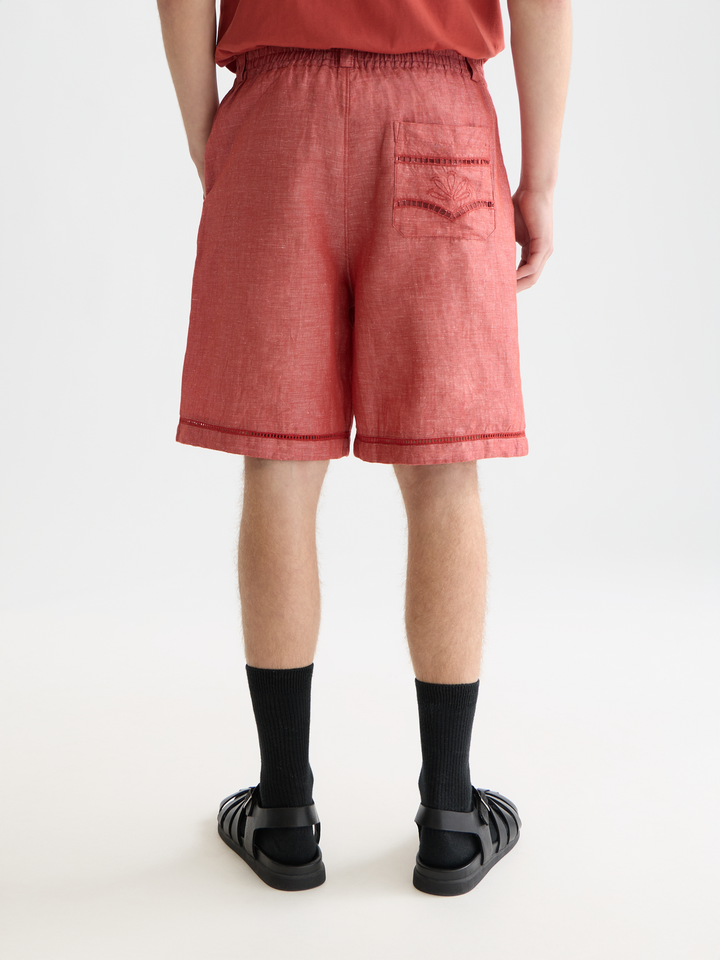 Embroidered Linen-Blend Wide Bermuda Shorts