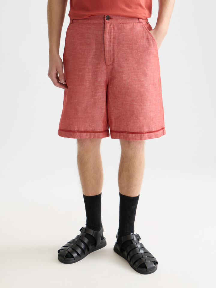 Embroidered Linen-Blend Wide Bermuda Shorts