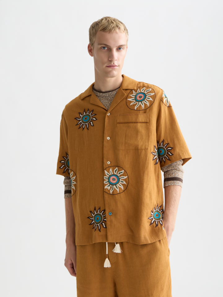 Embroidered Linen Relaxed Short Sleeve Shirt