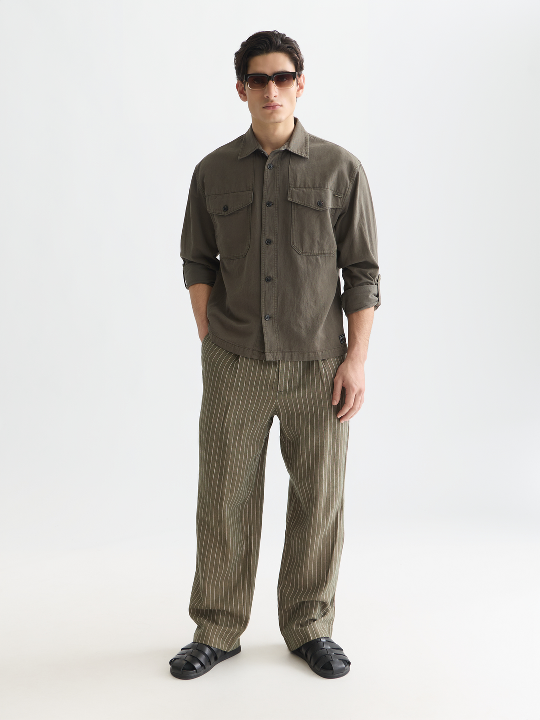 Pleated Pinstriped Loose Straight Chino