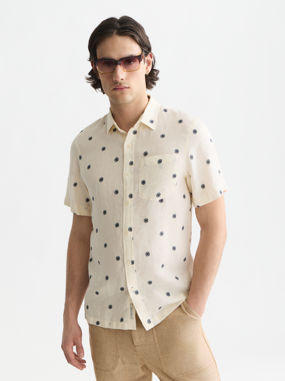 Linen printed regular-fit short-sleeved shirt