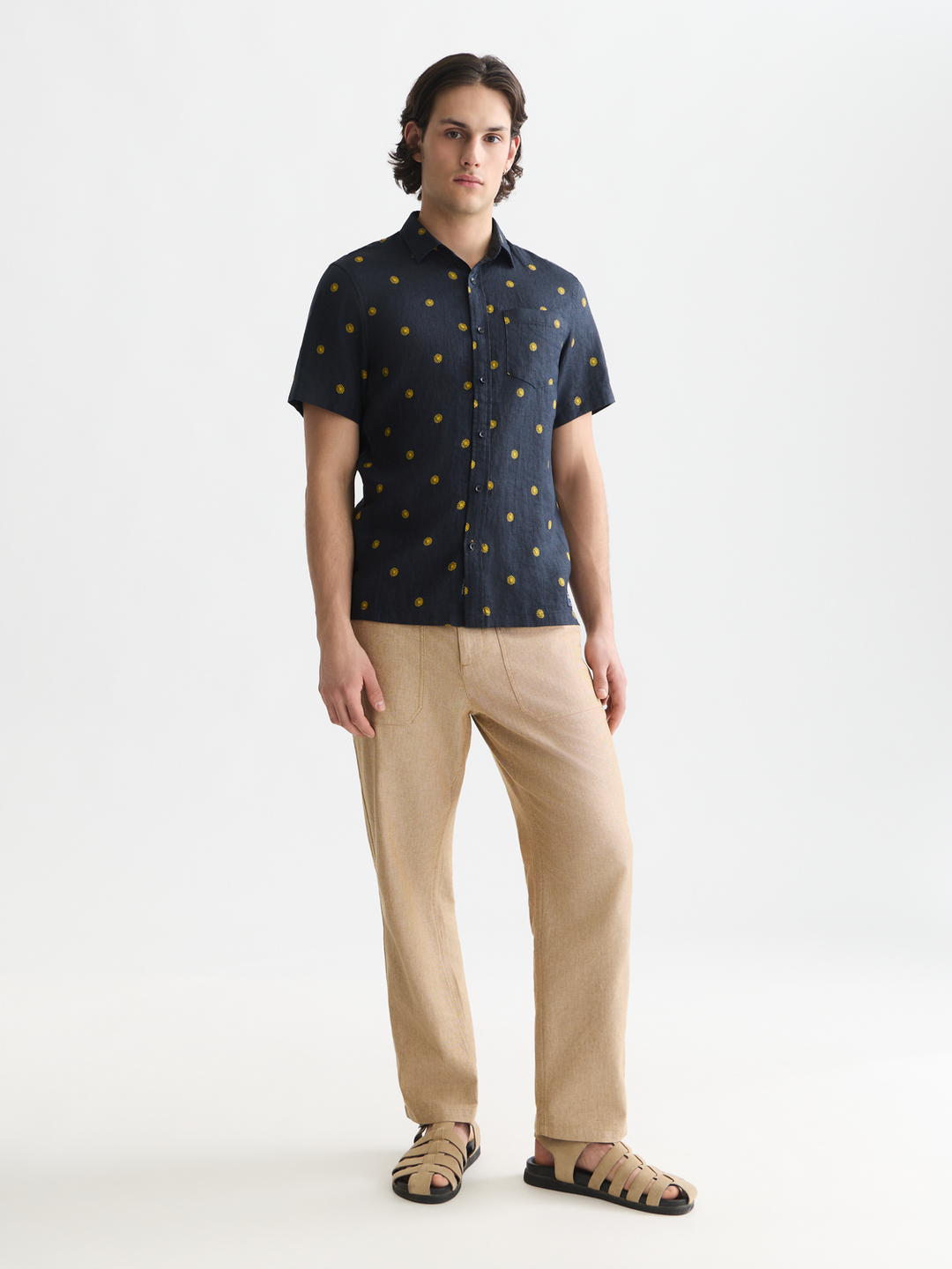 Linen printed regular-fit short-sleeved shirt