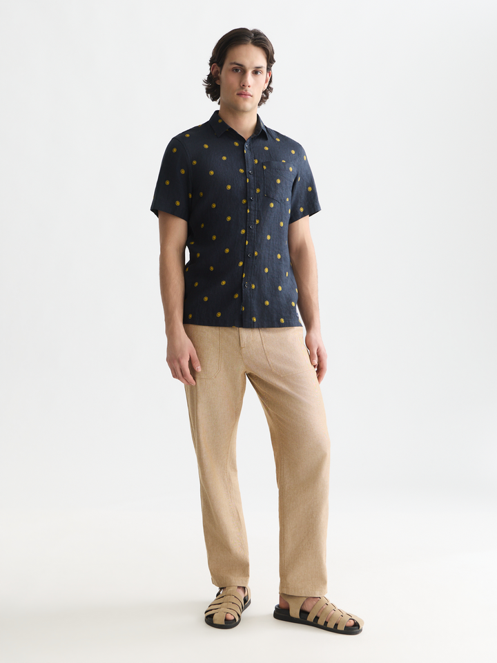 Linen printed regular-fit short-sleeved shirt