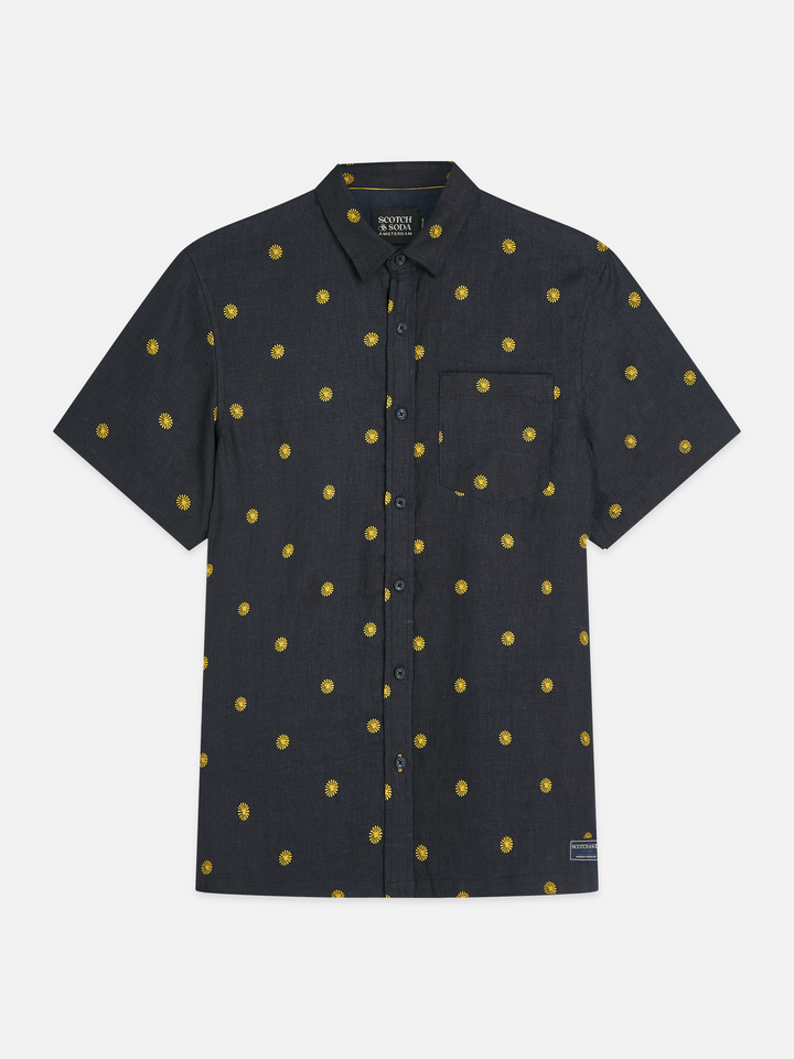 Linen printed regular-fit short-sleeved shirt