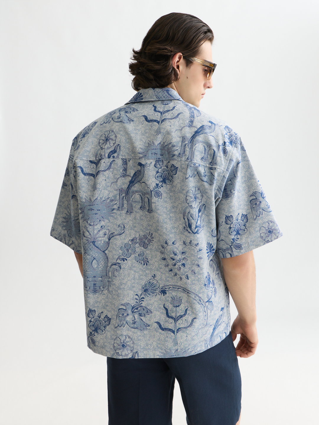 Delfts Blauw jacquard loose-fit short-sleeved shirt
