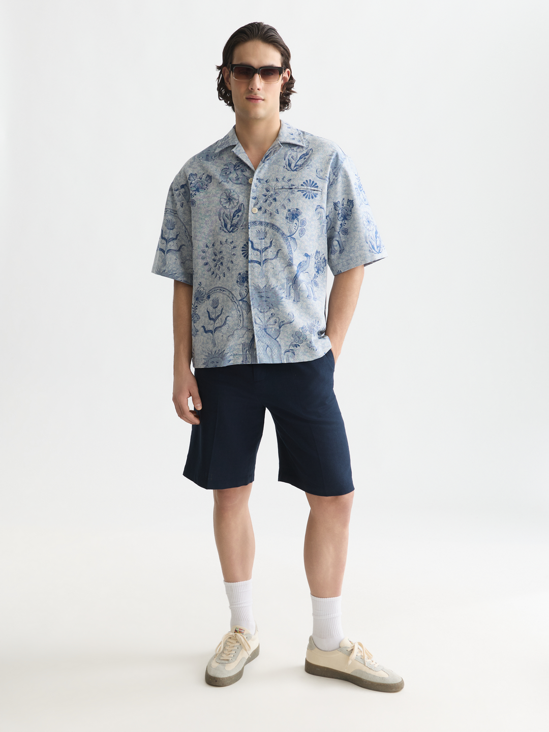 Delfts Blauw jacquard loose-fit short-sleeved shirt