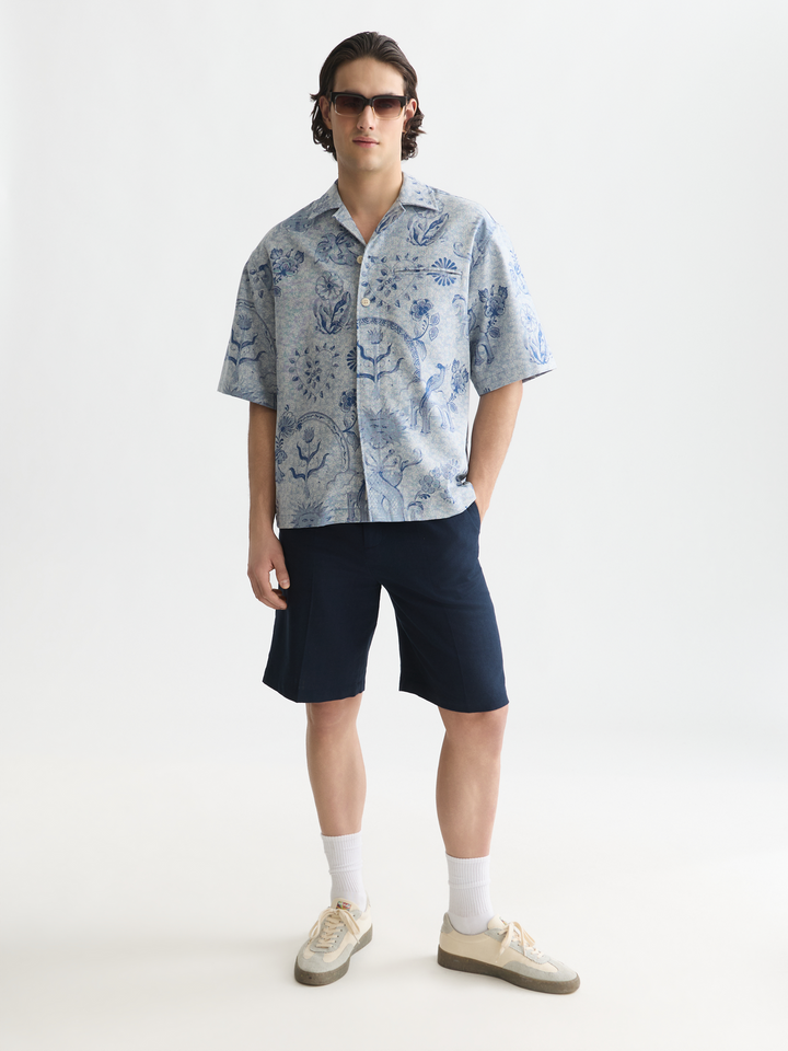 Delfts Blauw jacquard loose-fit short-sleeved shirt