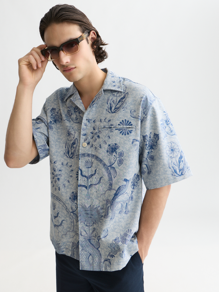 Delfts Blauw jacquard loose-fit short-sleeved shirt