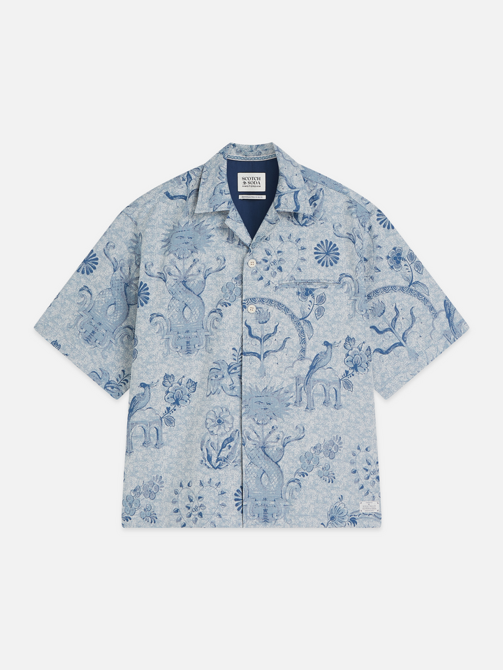 Delfts Blauw jacquard loose-fit short-sleeved shirt