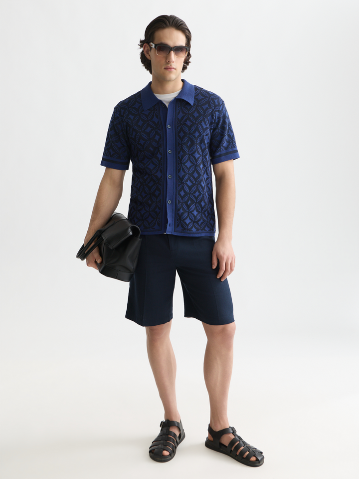 Jacquard knitted short-sleeved shirt