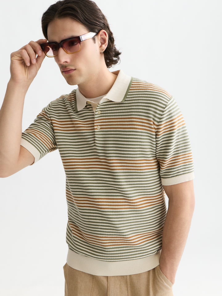 Striped structured knitted regular-fit polo