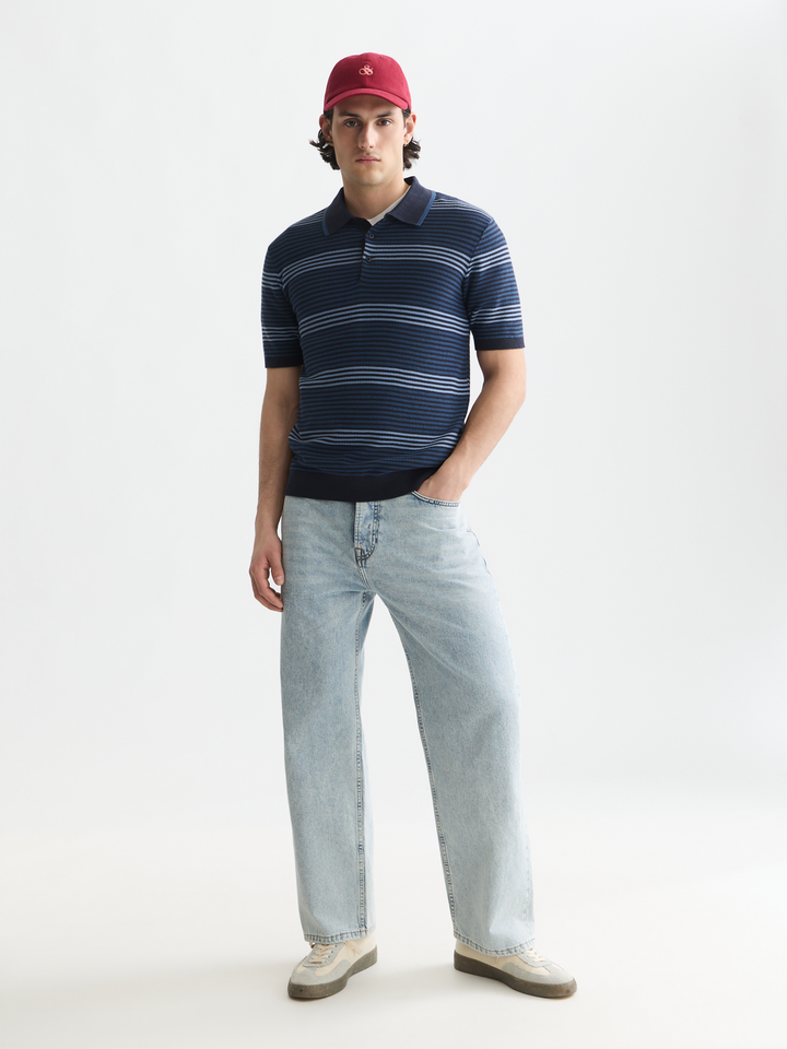 Striped structured knitted regular-fit polo