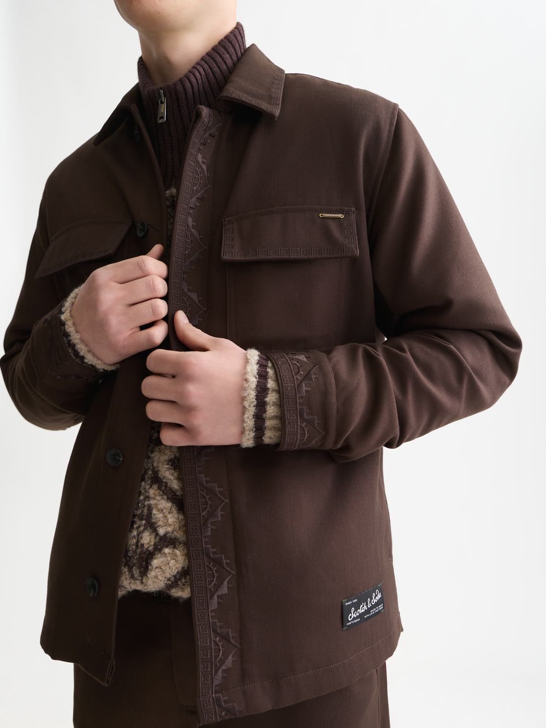Embroidered tailored wool-blend overshirt