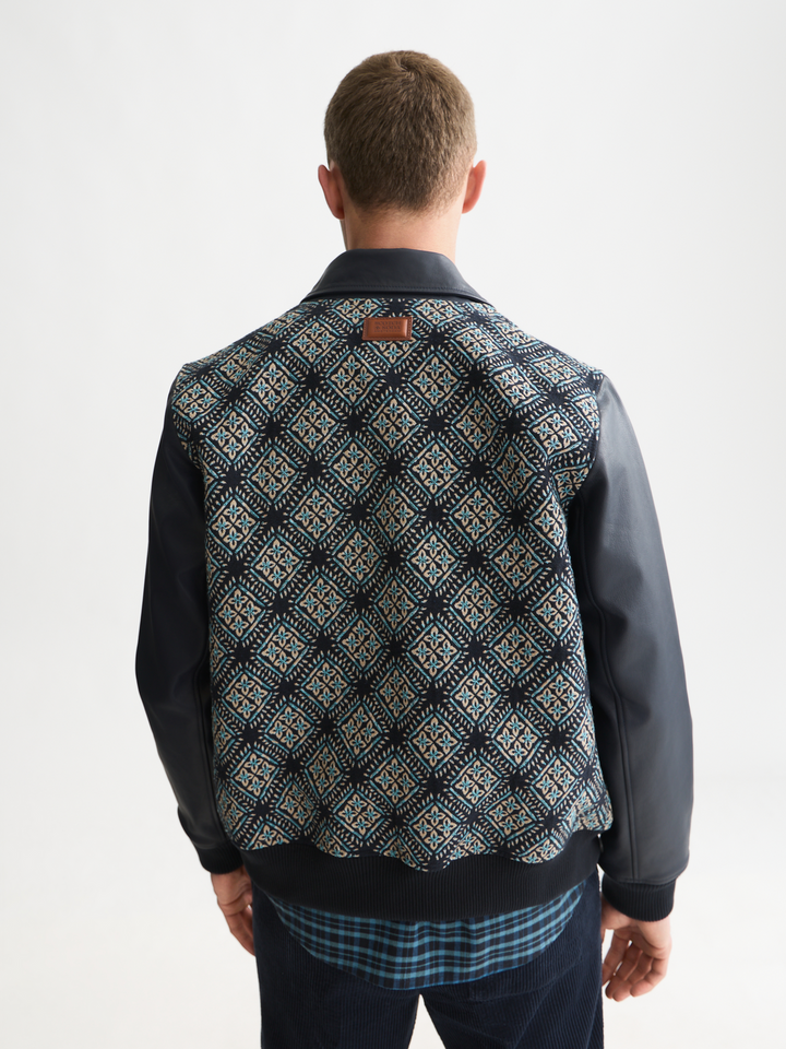 Jacquard leather varsity jacket