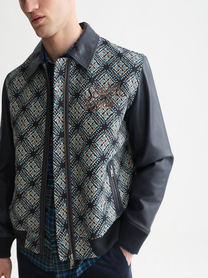Jacquard leather varsity jacket