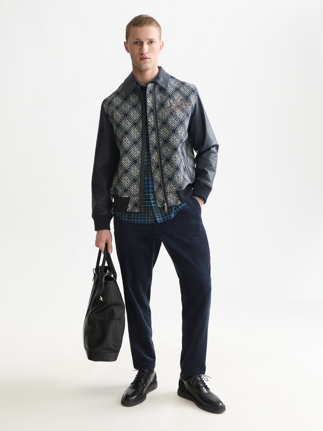 Jacquard leather varsity jacket