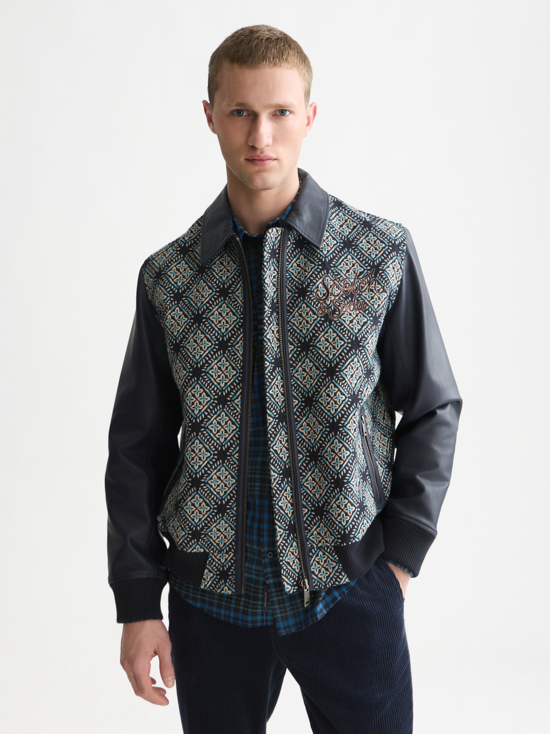Jacquard leather varsity jacket
