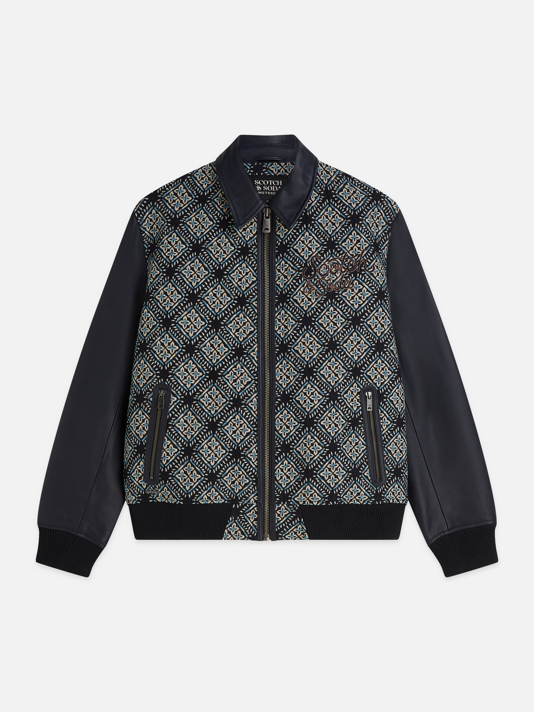 Jacquard leather varsity jacket