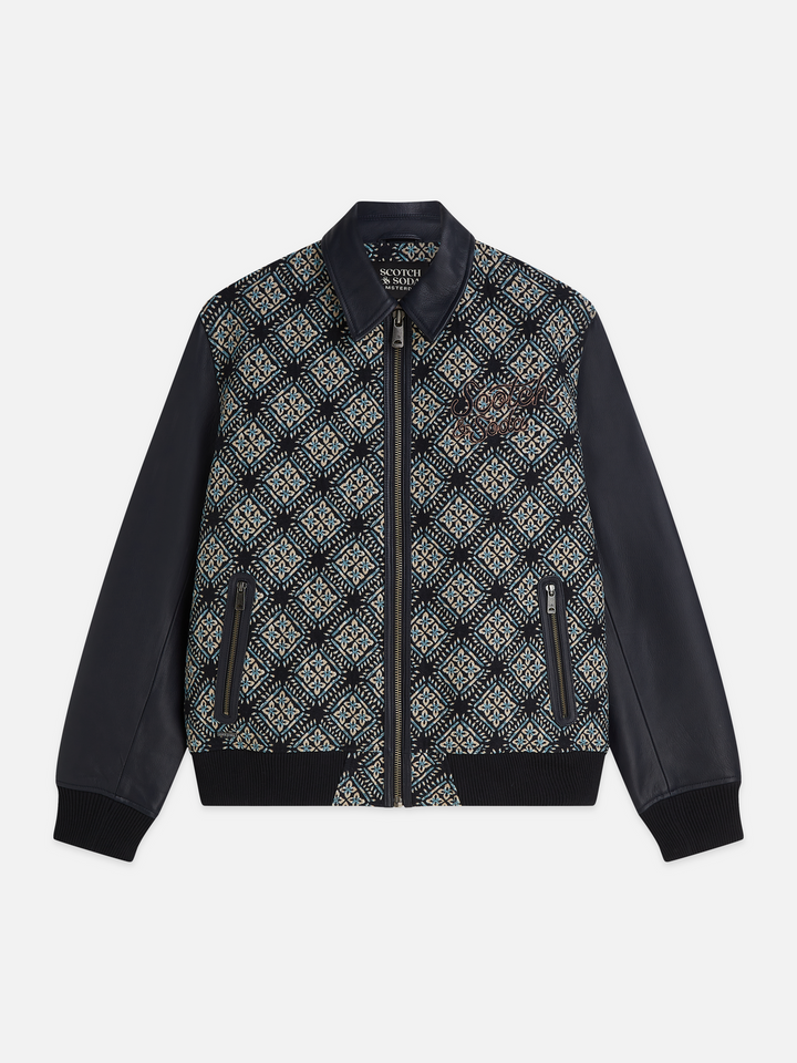 Jacquard leather varsity jacket