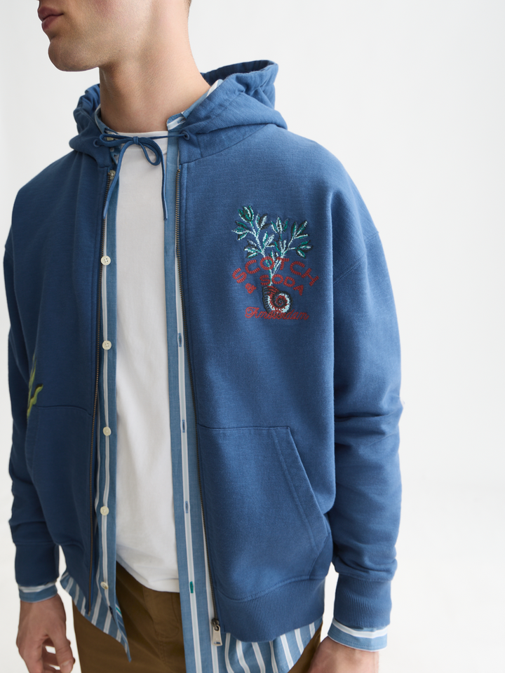 Embroidered relaxed-fit zip-through hoodie