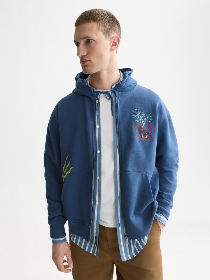 Embroidered relaxed-fit zip-through hoodie