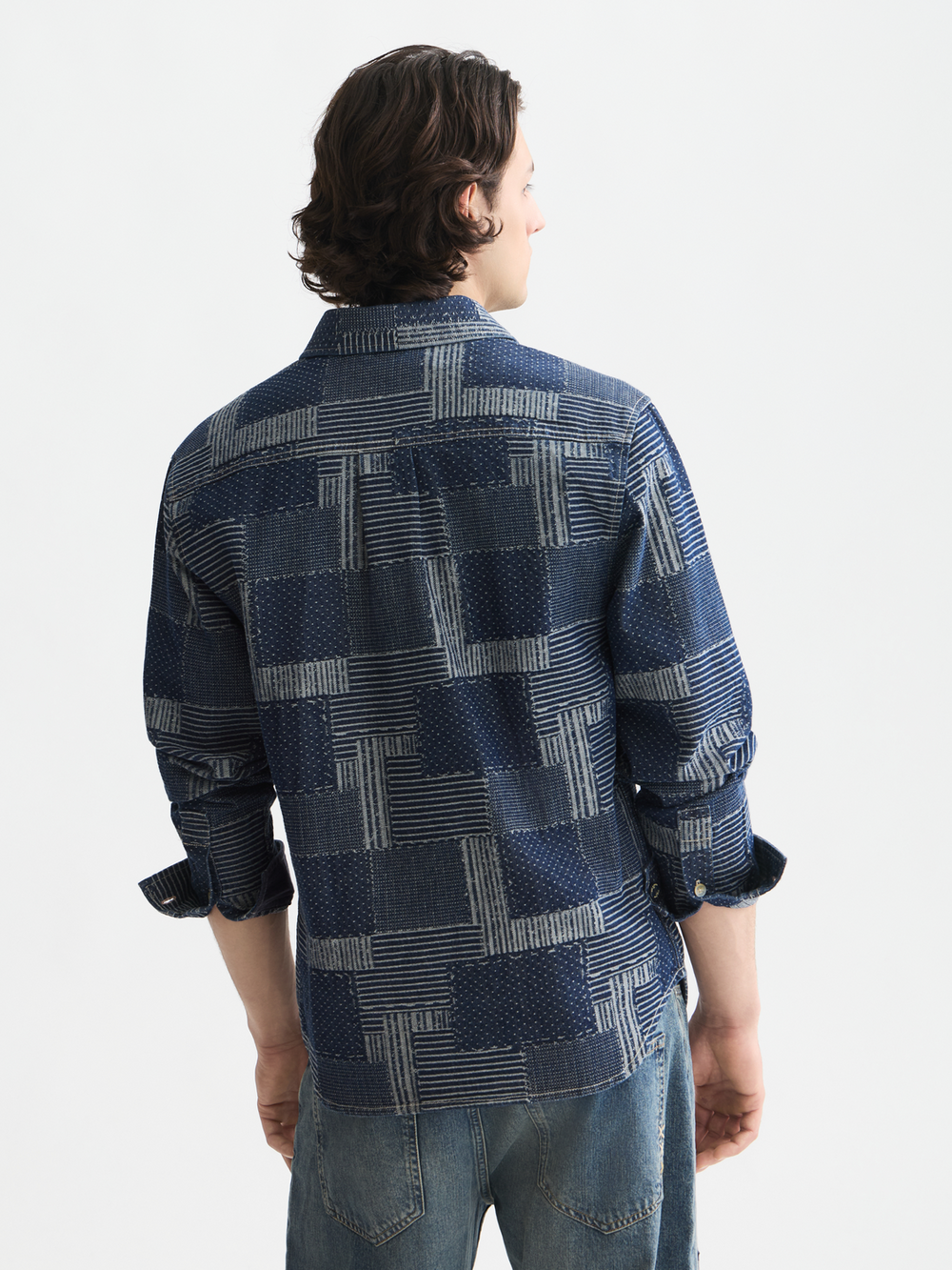 Denim patchwork relaxed-fit overshirt
