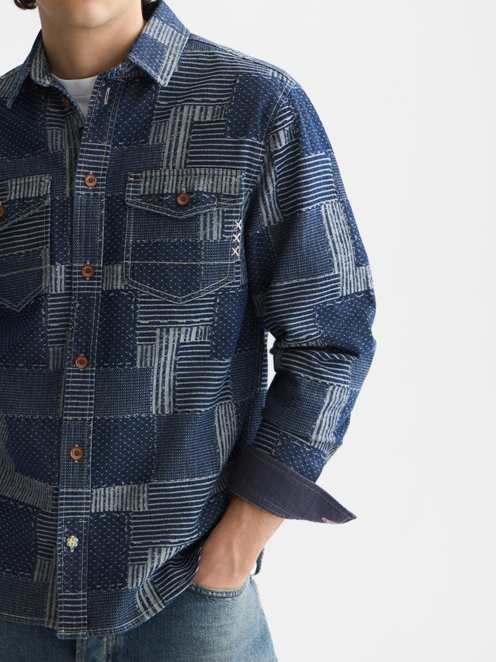 Denim patchwork relaxed-fit overshirt