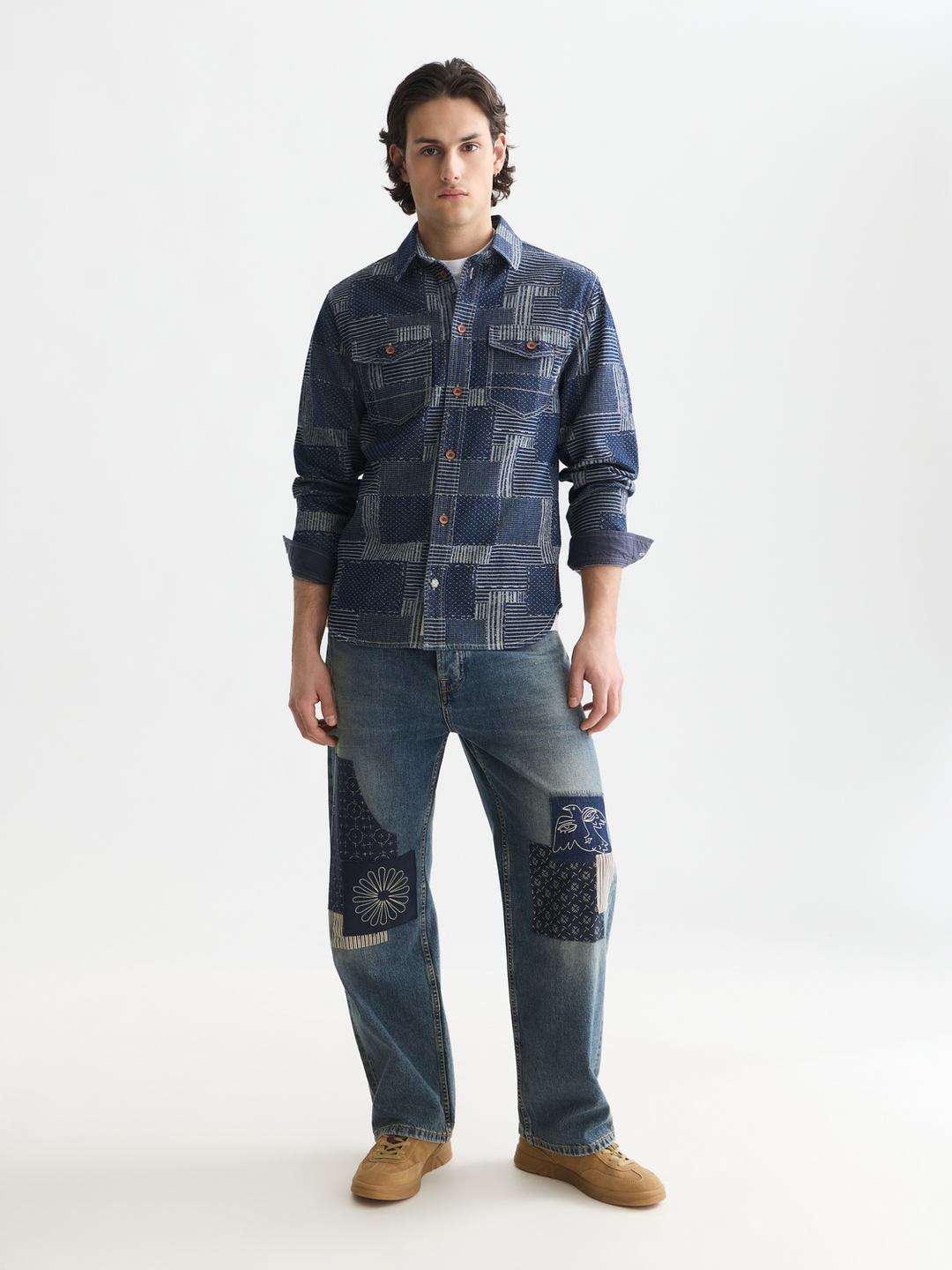 Denim patchwork relaxed-fit overshirt
