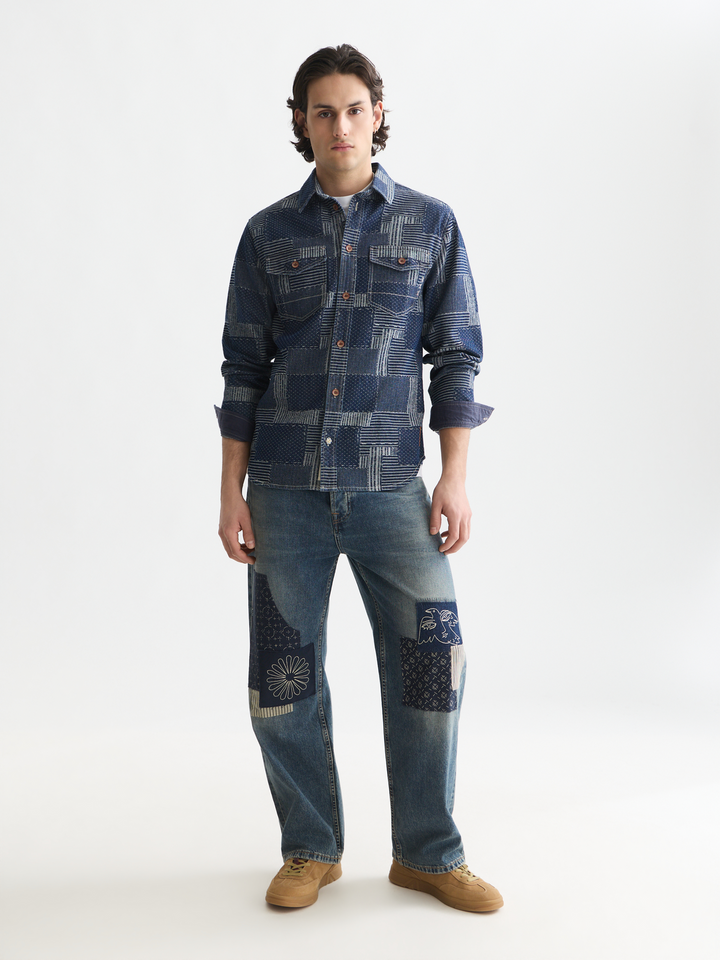 Denim patchwork relaxed-fit overshirt
