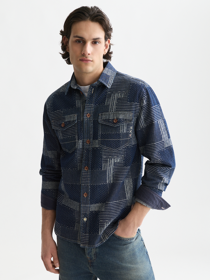 Denim patchwork relaxed-fit overshirt