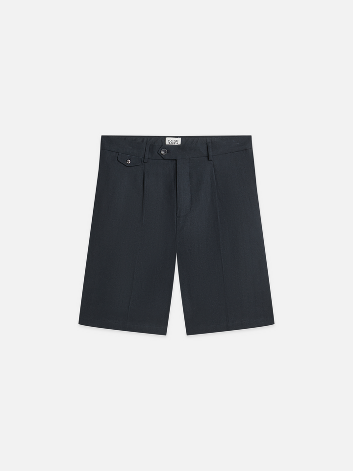 Pleated linen-blend herringbone wide fit chino shorts