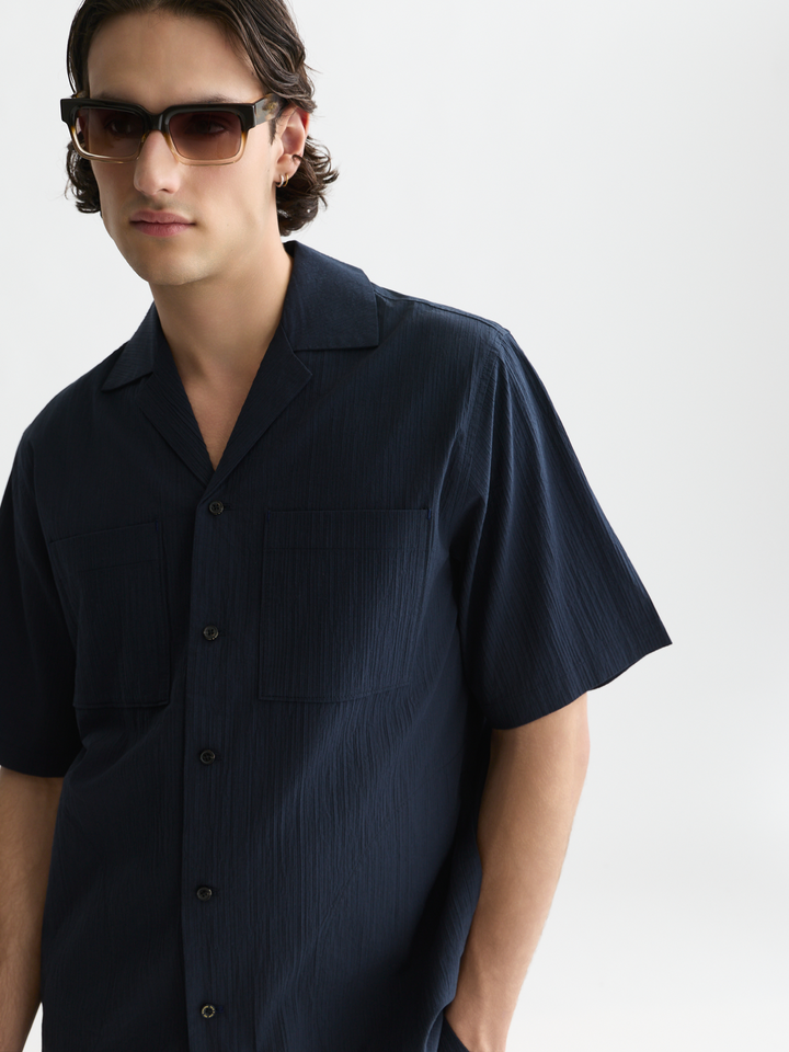 Crinckled cotton-blend relaxed-fit short-sleeved shirt