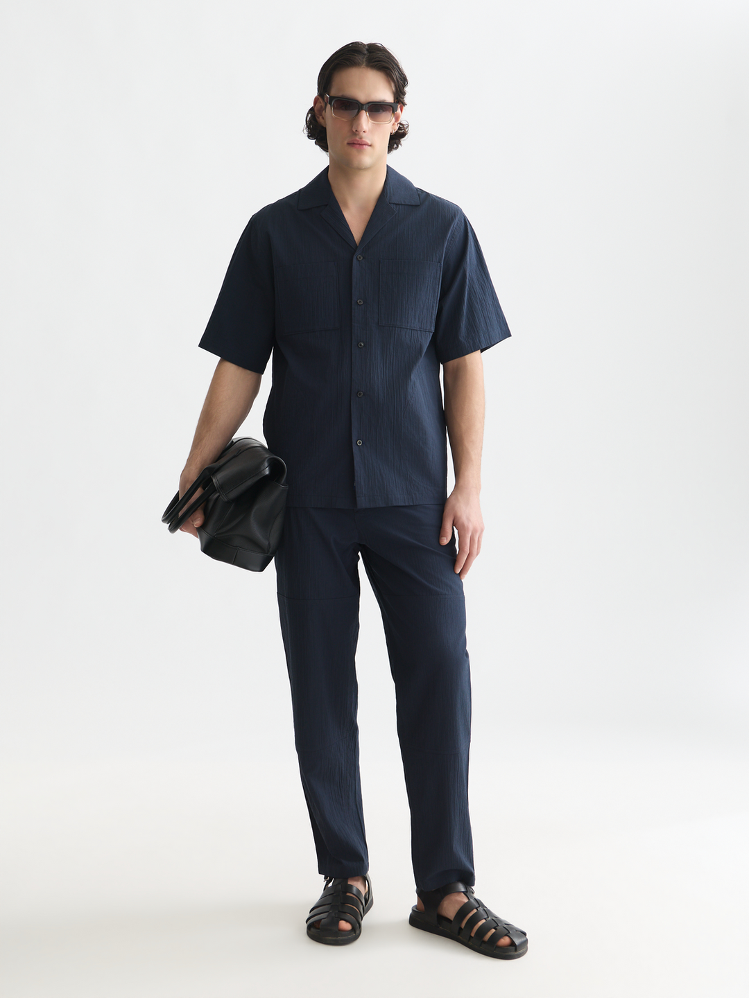Crinckled cotton-blend relaxed-fit short-sleeved shirt