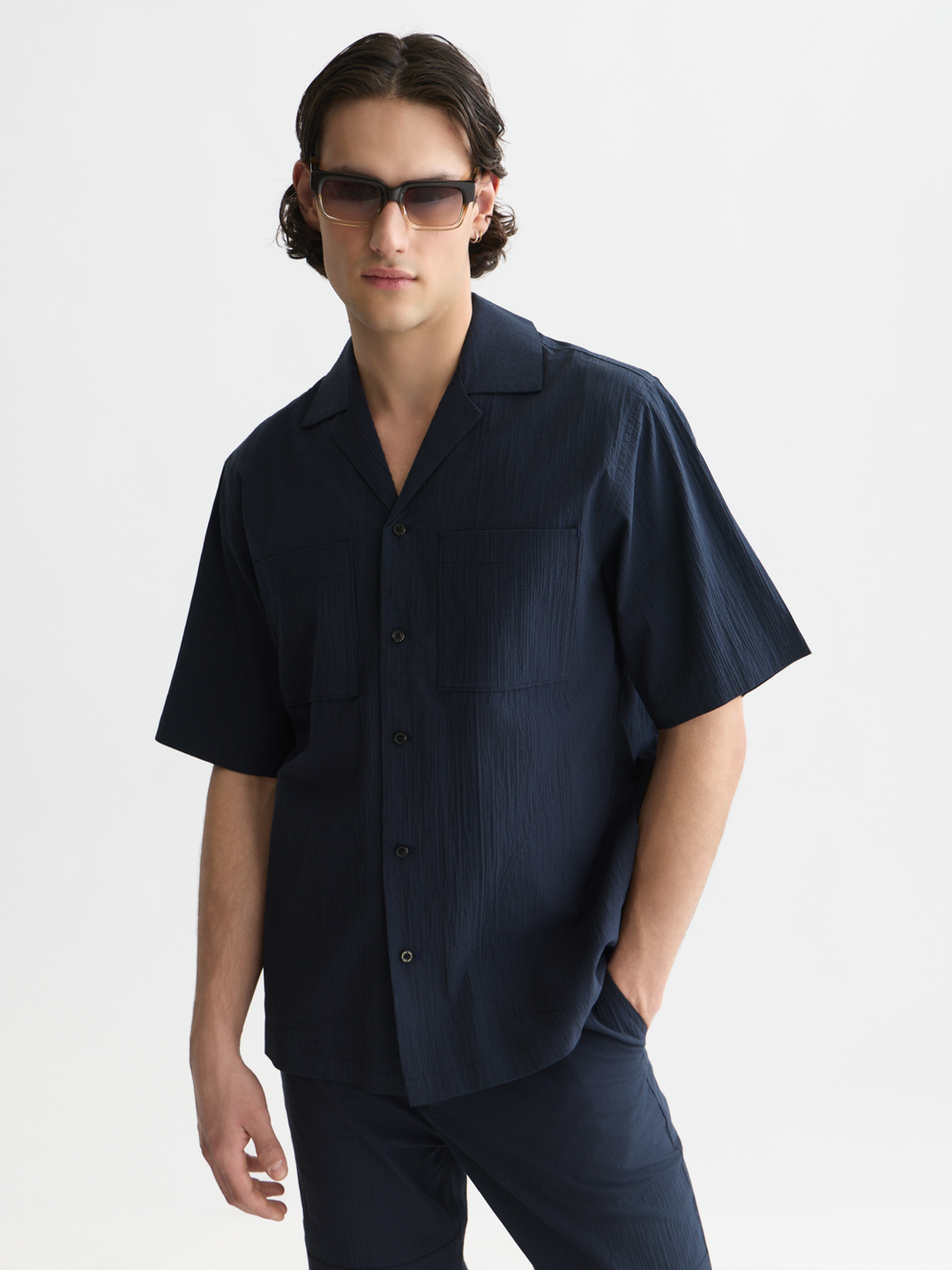 Crinckled cotton-blend relaxed-fit short-sleeved shirt