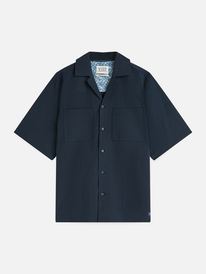 Crinckled cotton-blend relaxed-fit short-sleeved shirt
