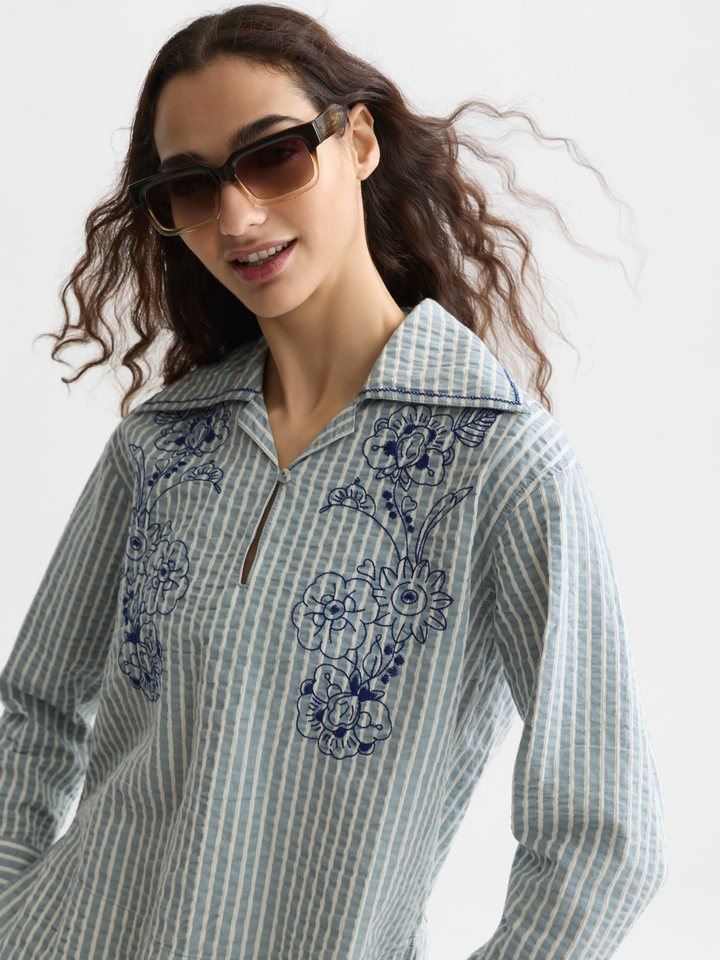 Embroidered structured long-sleeved tunic