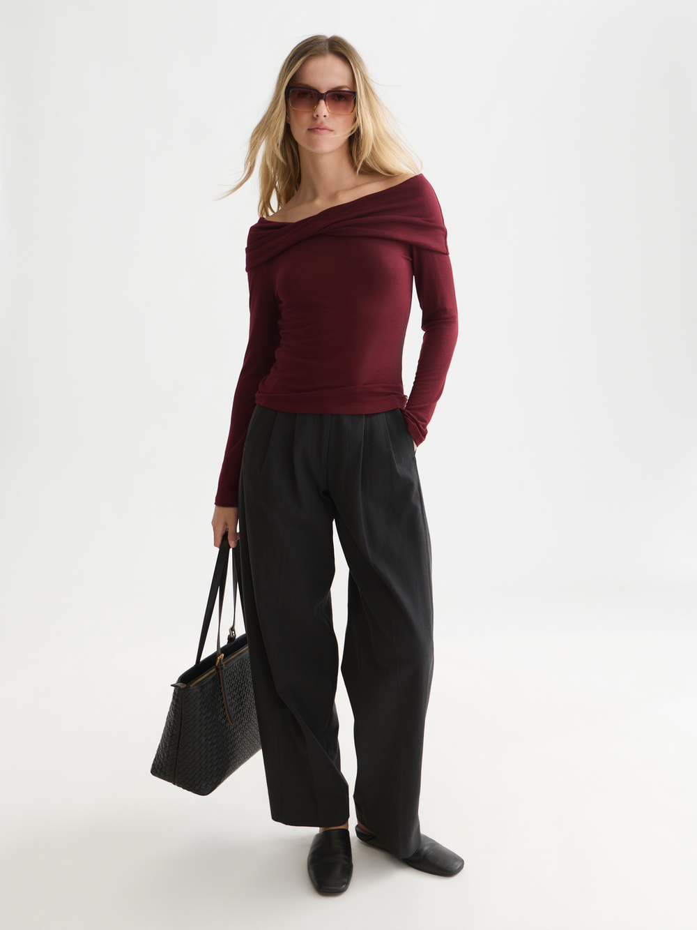 Twisted neckline wool-blend LS T-shirt