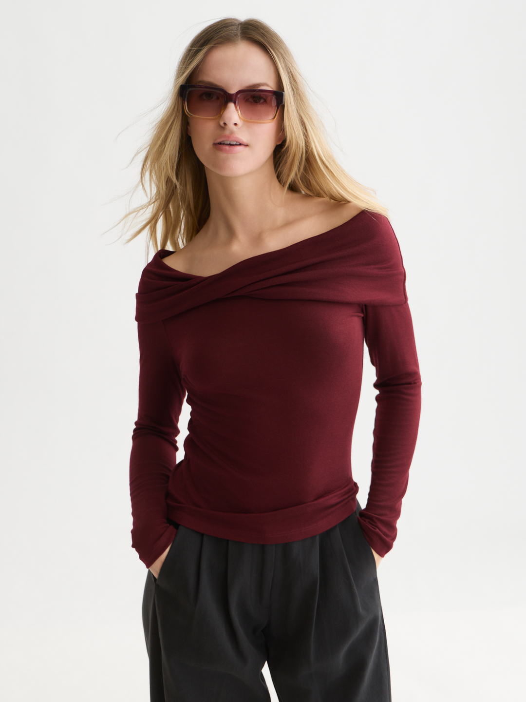Twisted neckline wool-blend LS T-shirt