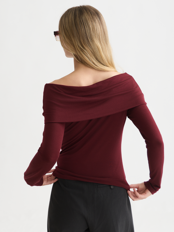 Twisted neckline wool-blend LS T-shirt