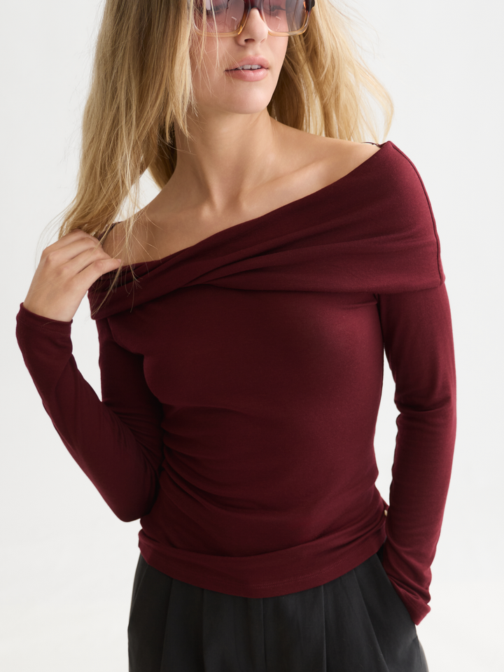 Twisted neckline wool-blend LS T-shirt