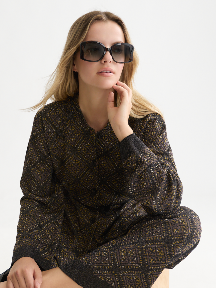 Jacquard knitted belted jacket
