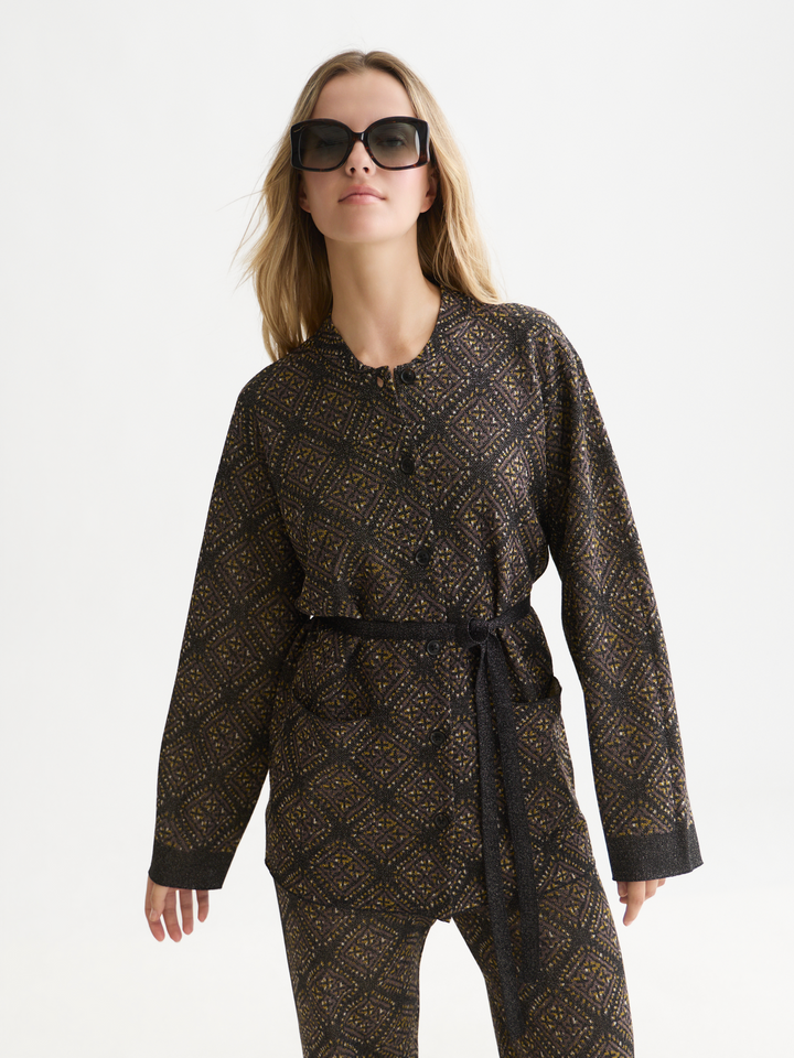 Jacquard knitted belted jacket