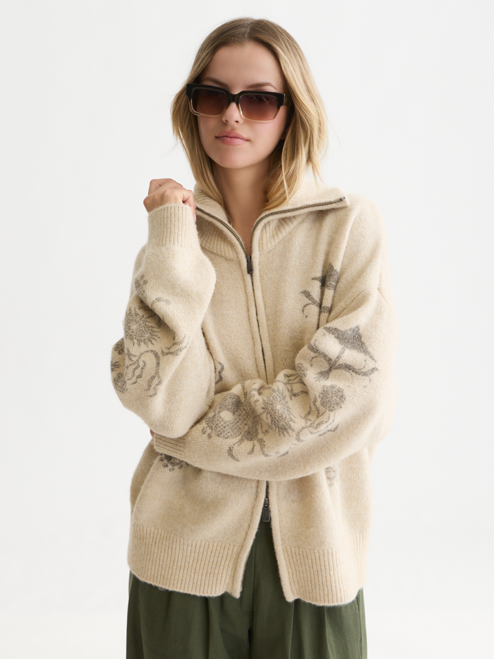 Printed zip-through oversized cardigan