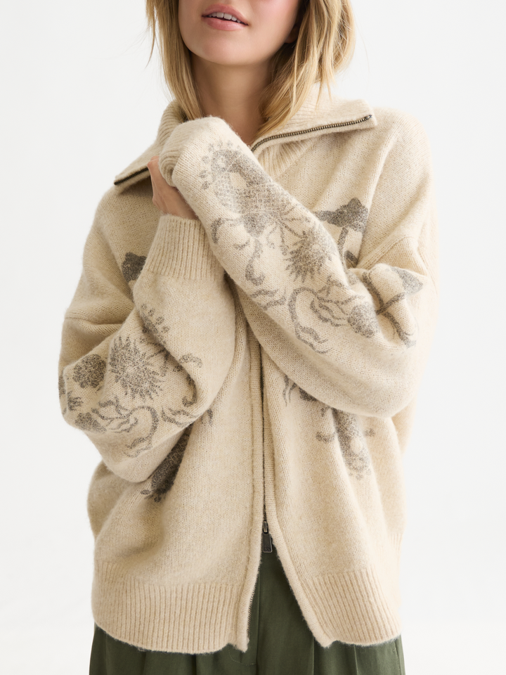 Printed zip-through oversized cardigan