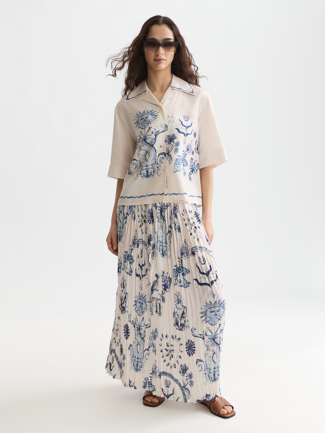 Printed micro pleat ankle length skirt