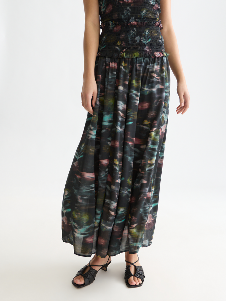 Printed smocked waist ankle length skirt