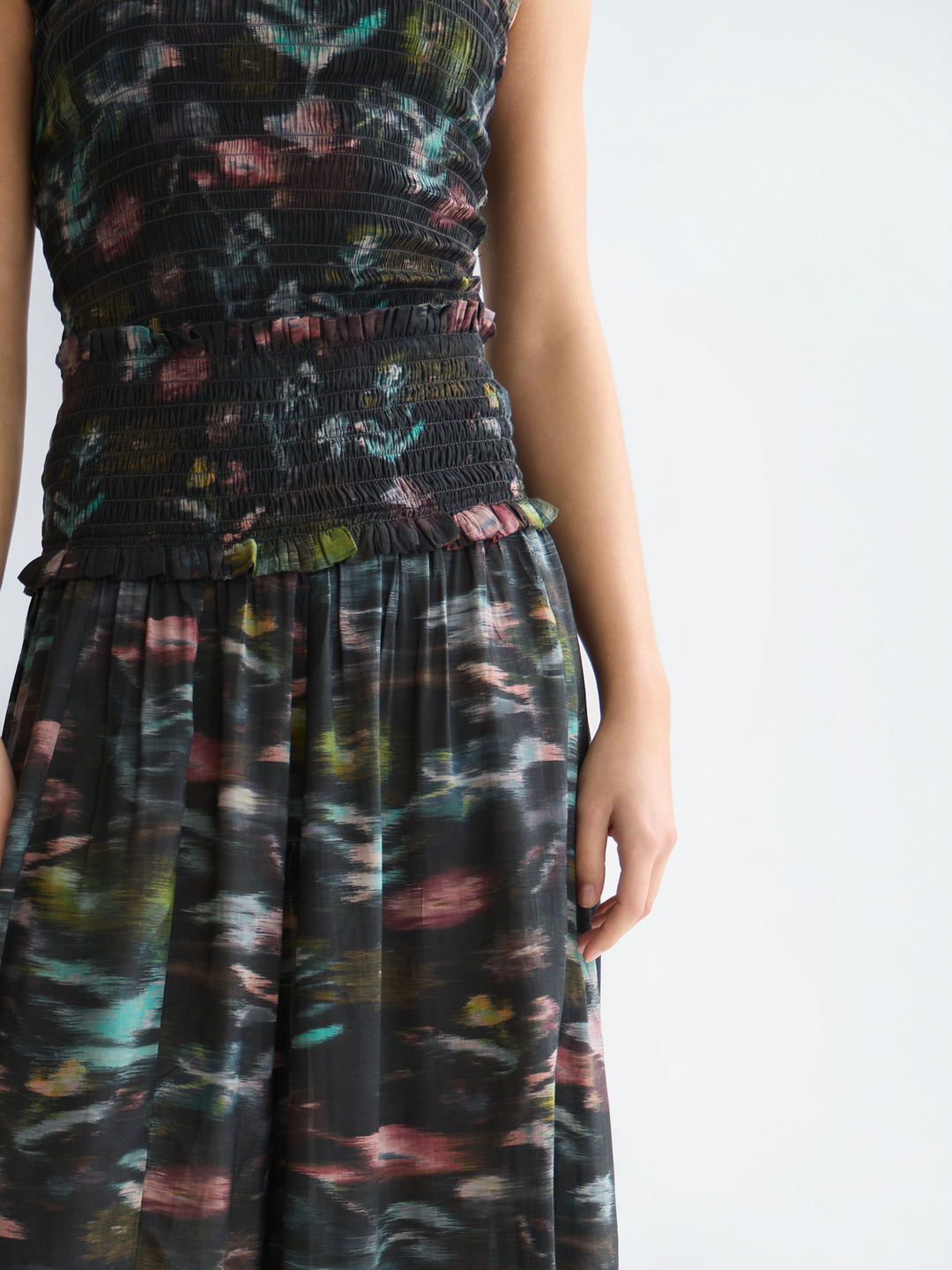 Printed smocked waist ankle length skirt