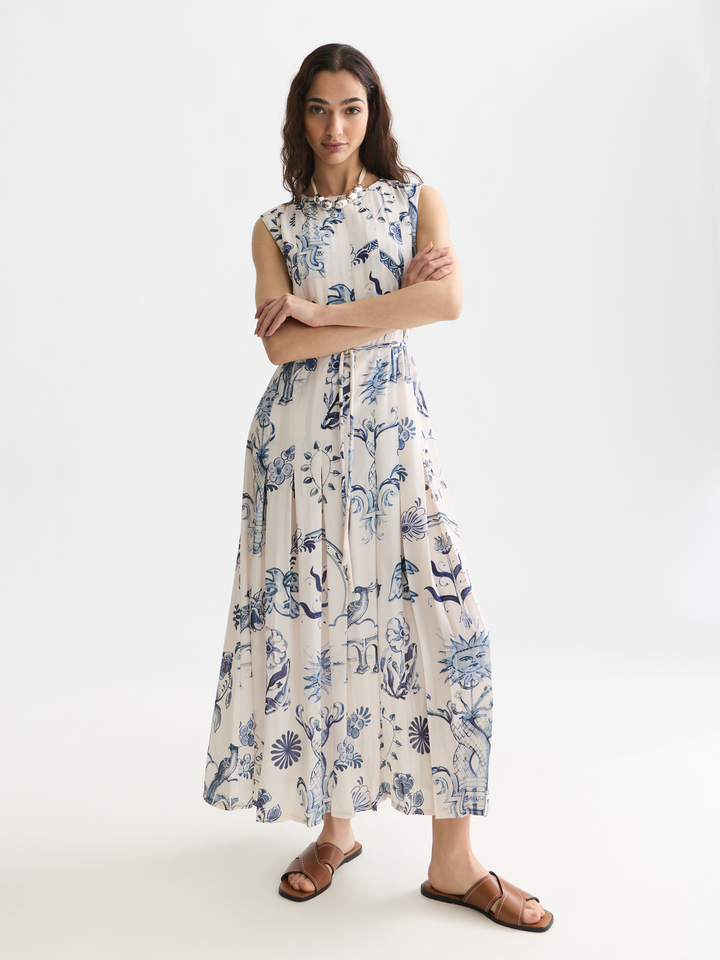 Printed pleated ankle length dress